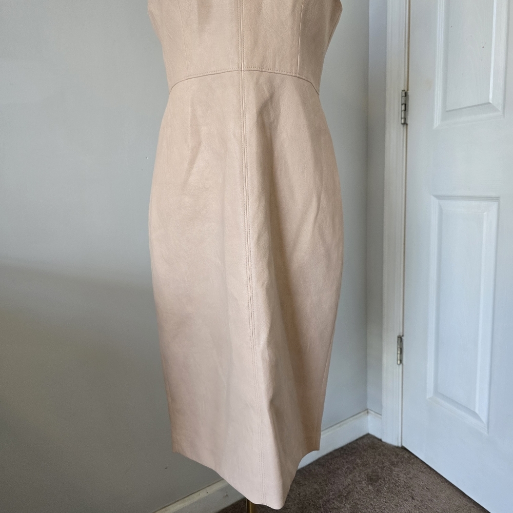 BCBGMaxAzria | Size 8 | Faux Leather Mock Neck Bare Pink Sheath Dress - Picture 3 of 14